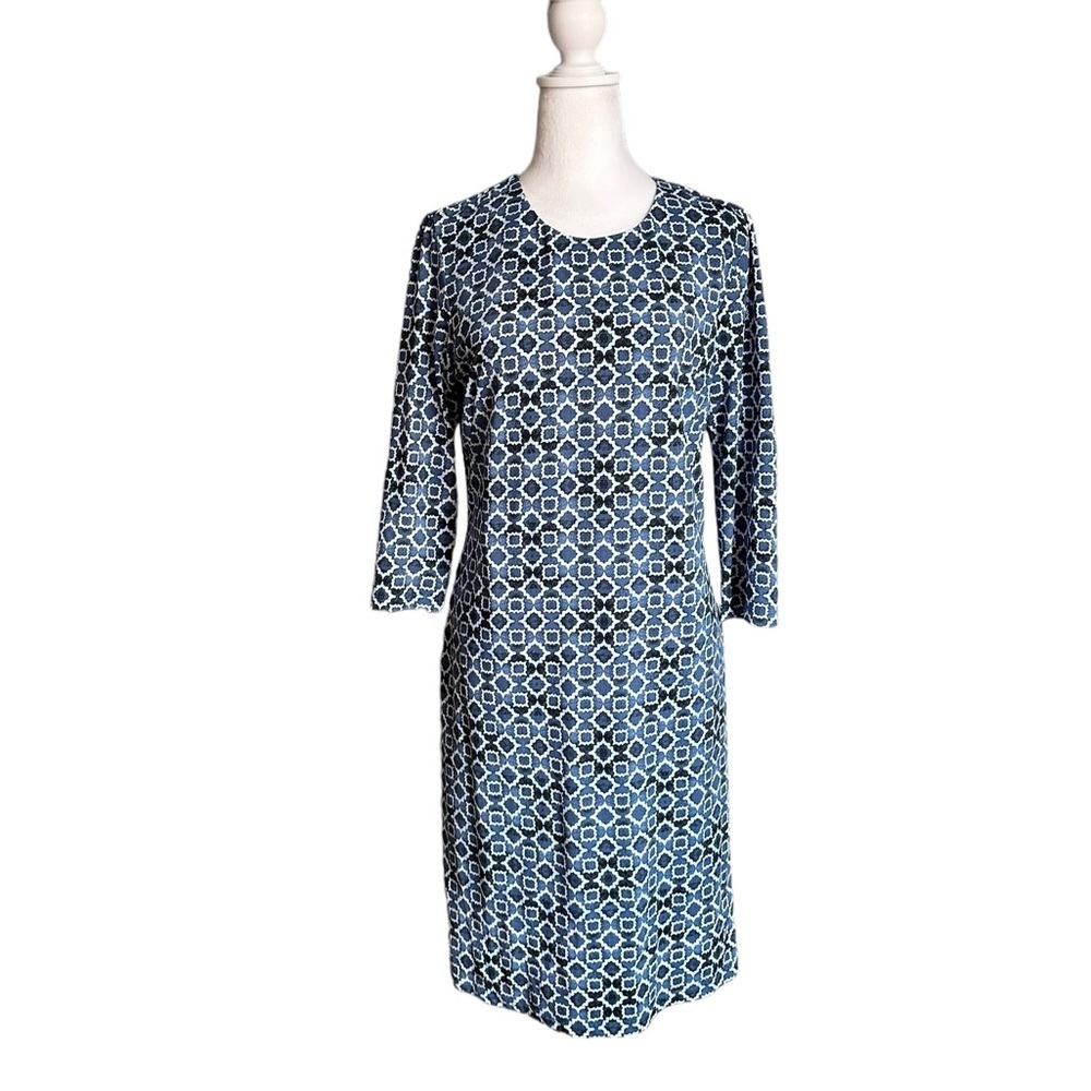 J. McLaughlin 3/4 Sleeve White Blue Dress Size M